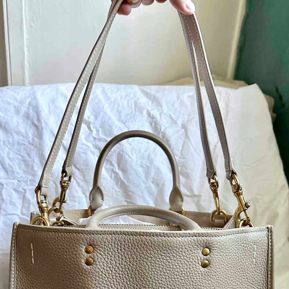 NWT QUINCE Italian Leather Medium Convertible Satchel Taupe Ecru 3way bag - Picture 3 of 16